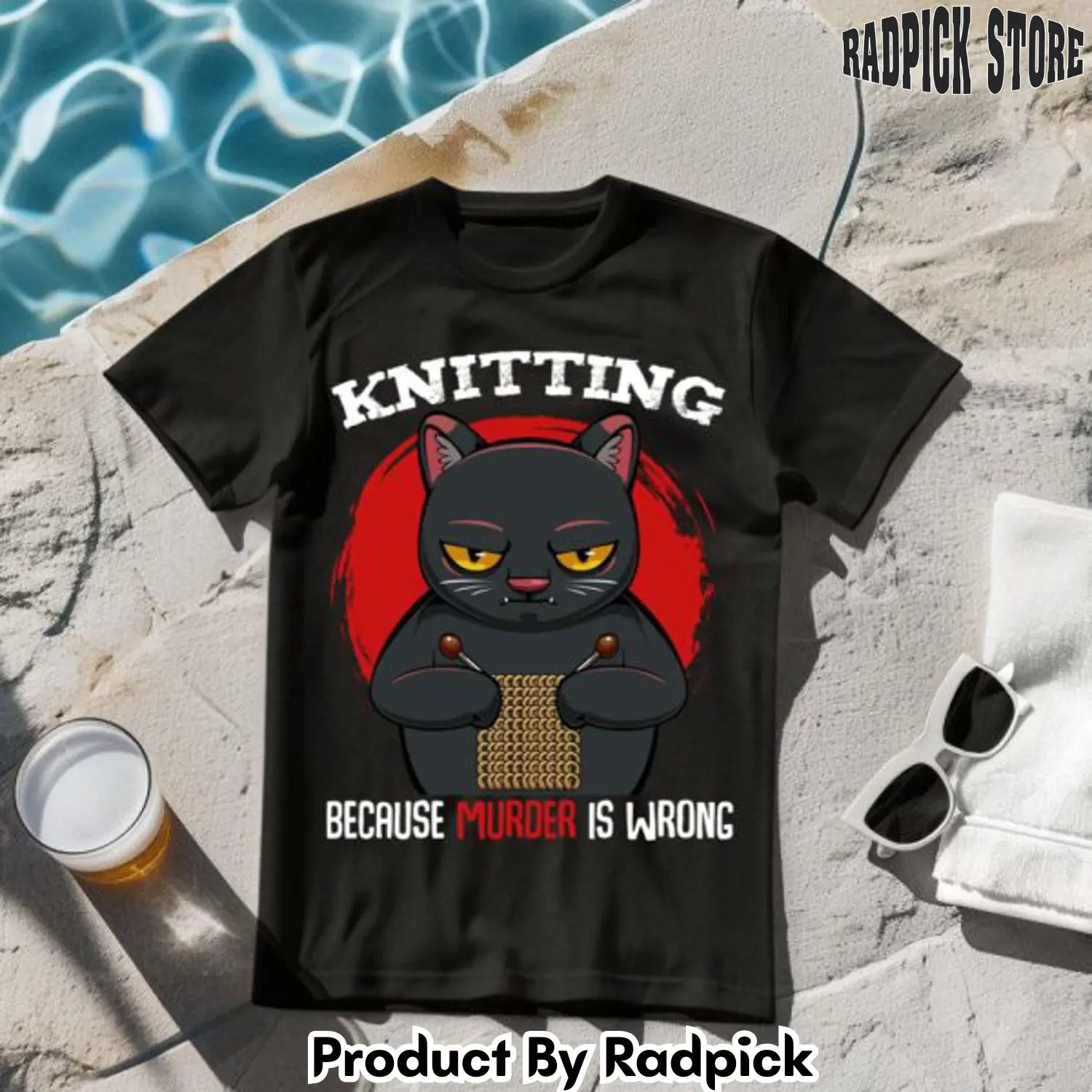 Knitting because murder is wrong black cat tshirt rp2634780